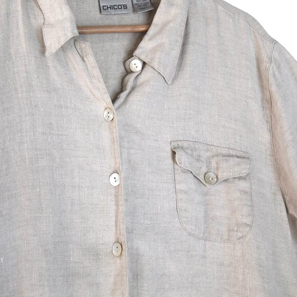 Chico’s Linen Shirt Size 1 (M) Beige Short Sleeve Button Up Minimalist Coastal - Picture 6 of 9